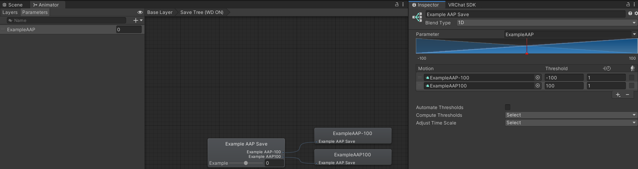 An example of saving an AAP using a 1D Blend Tree