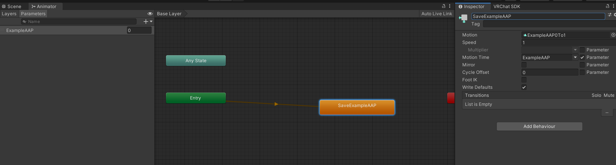 An example of saving an AAP using a Motion Time animation clip