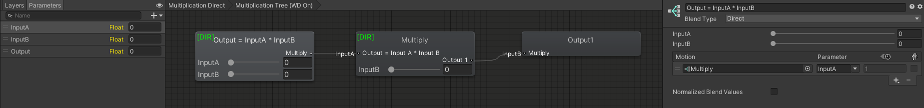 An example of multiplying two values by animating the value through two Direct Blend Trees.