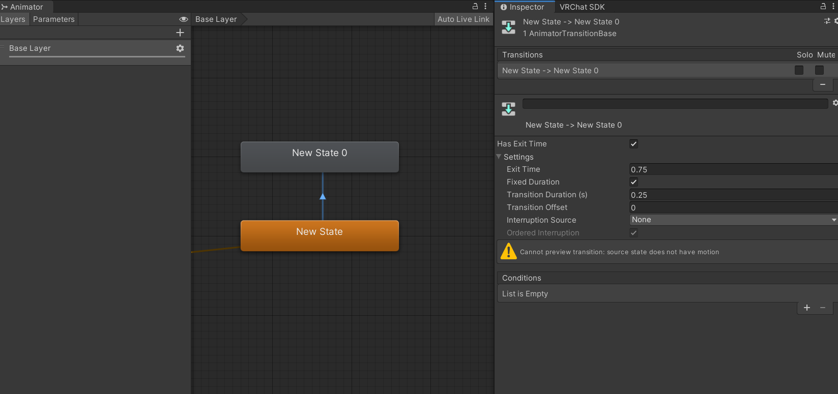 A default Animator Transition, going from New State to New State 0.