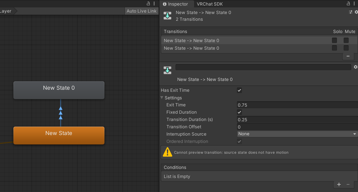 Two Animator States, connected by two Animator Transitions. The top one is selected,, which is shown by the lighter gray color.