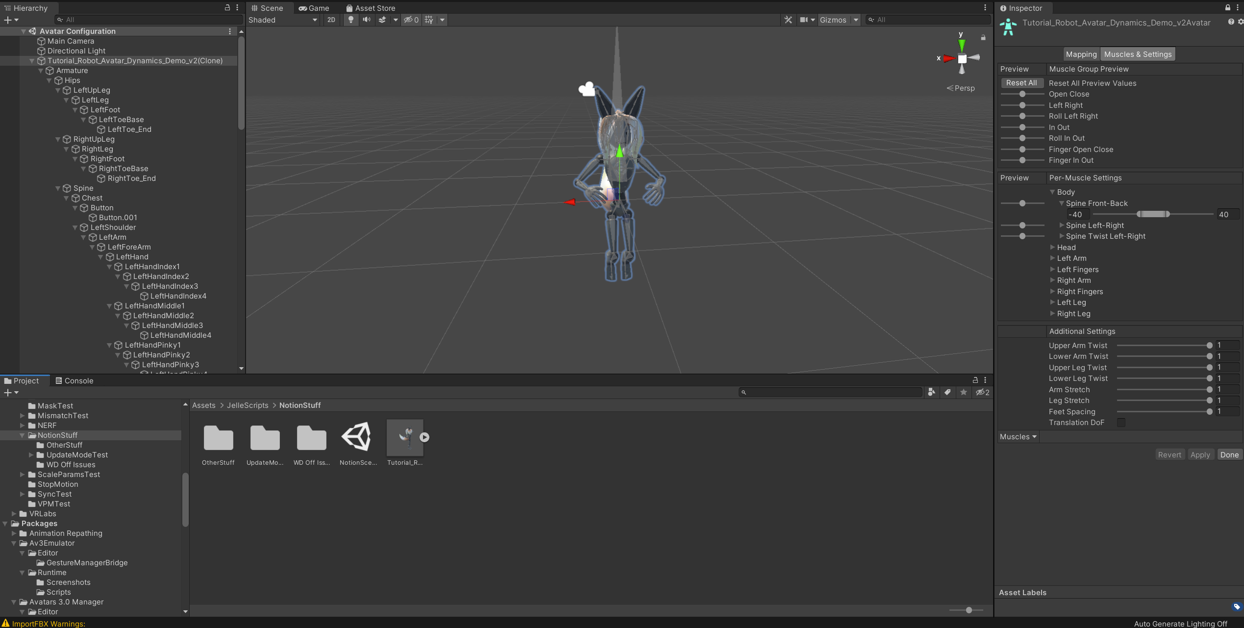 The Humanoid Rig Configure Muscles &amp; Settings Screen.