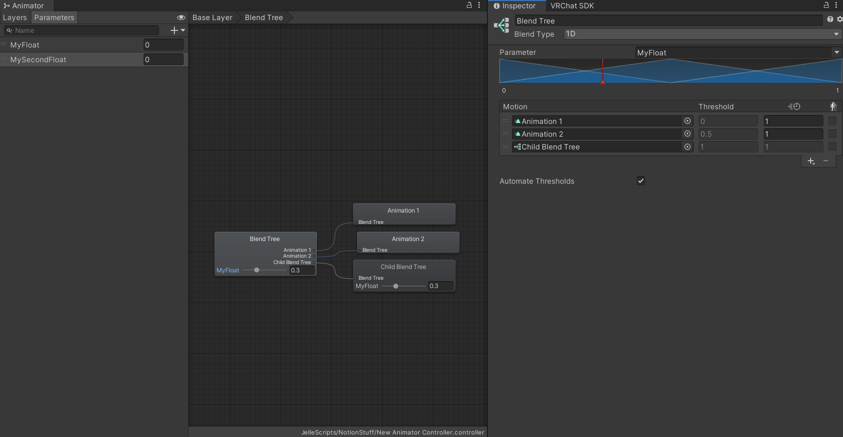 An example of a 1D Blend Tree. Since the value of 0.3 is 60% towards the second Motion, Animation 1 will be played with a weight of 0.4, and Animation 2 will be played with a weight of 0.6.
