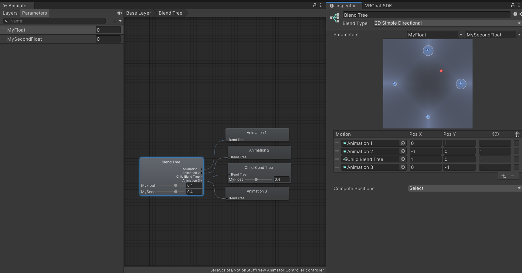 An example 2D Simple Directional Blend Tree. You can see that since the point in 2d space is equidistant from Animation 1 and Animation 2, they both get the same weight, and the rest gets equally divided between the other children, namely Child Blend Tree and Animation 3.