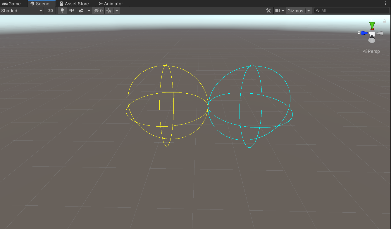 A Contact Sender (left) and a Contact Receiver (right) in the scene view. Note that Gizmos is enabled, and they are selected in the hierarchy, otherwise they don’t show up.