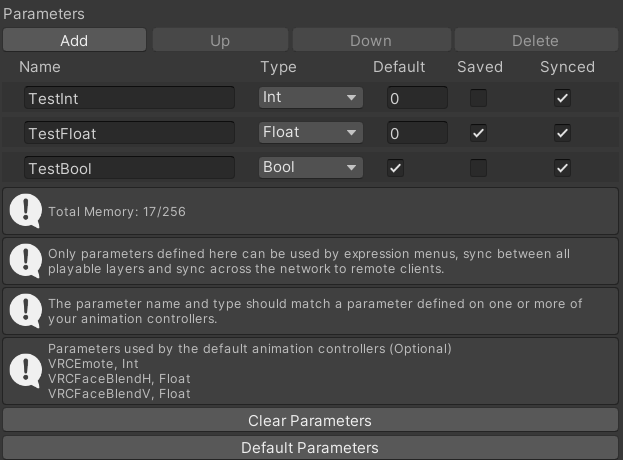 An example VRC Expression Parameter List