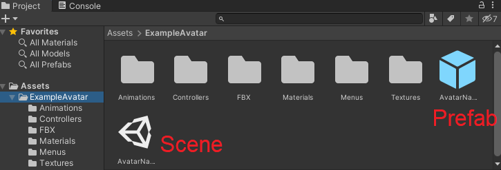 An example avatar’s Assets layout. The Prefab icon might also look like your avatar in a T pose.
