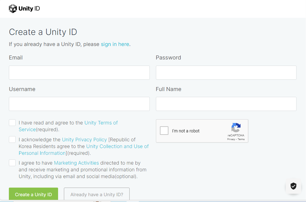 The Unity ID Creation Website